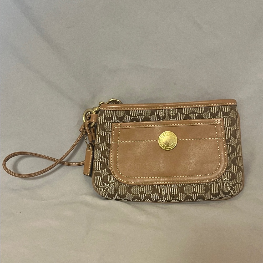 Coach Tan and Brown Signature Wristlet